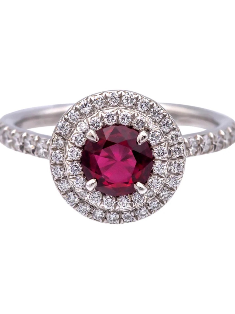 Tiffany & Co. Pink Round Ruby Double Halo Diamond Ring